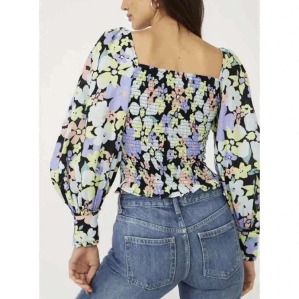 Free People Top Women Extra Small Black Floral Smocked Puff Sleeve Square Neck